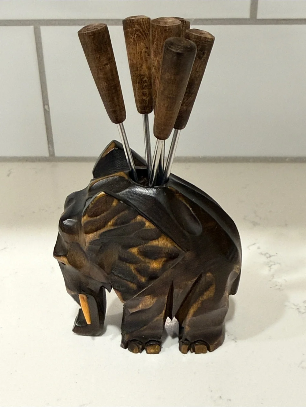 Vintage Wooden Elephant Cheese Fork Set - Brown